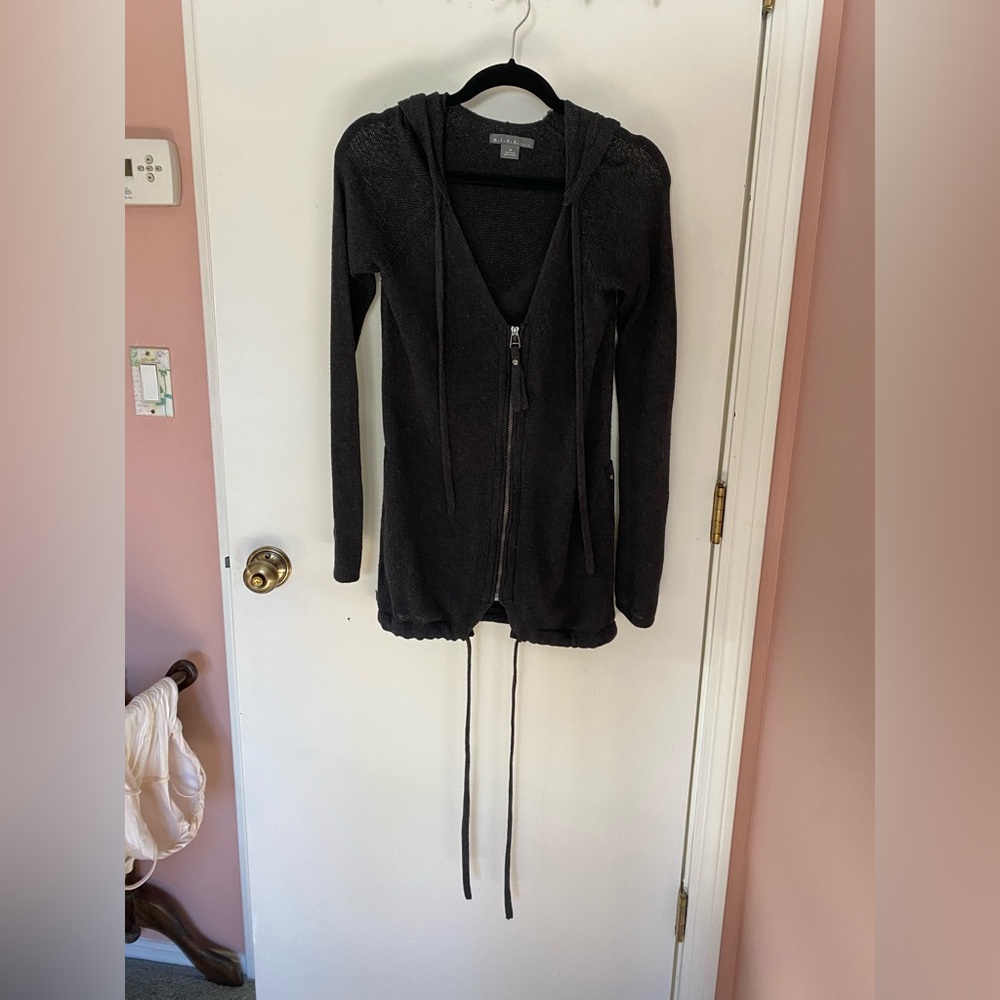 Gray 100% Cotton  Hooded Long Zipper Cardigan